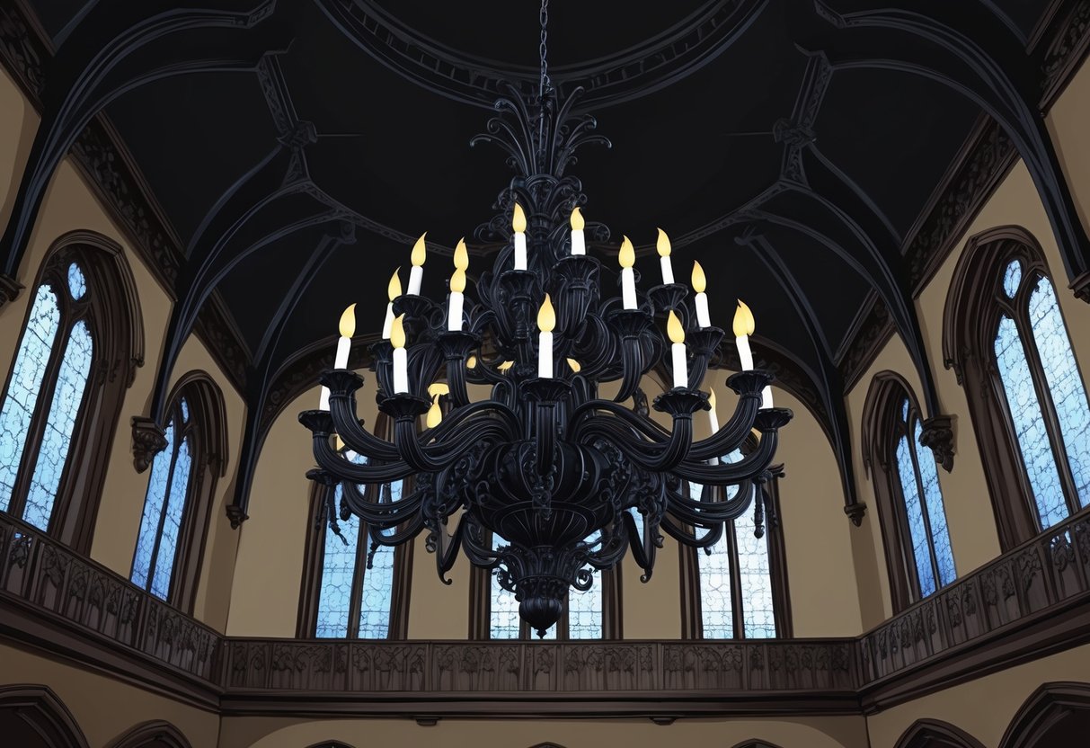 A dark, ornate chandelier hanging from a high ceiling in a grand, gothic-style ballroom