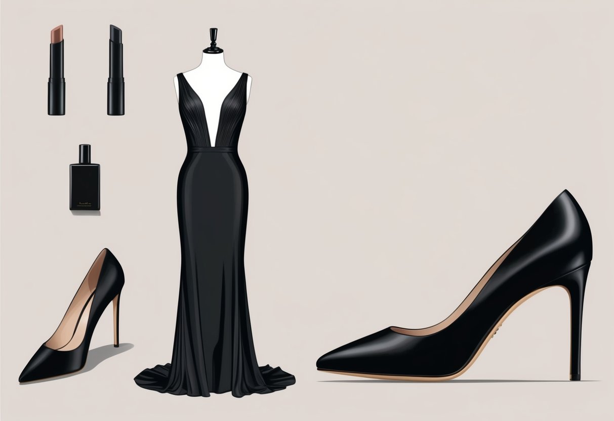 A sleek black evening gown on a mannequin, surrounded by minimalist black accessories and a sleek black high heel shoe