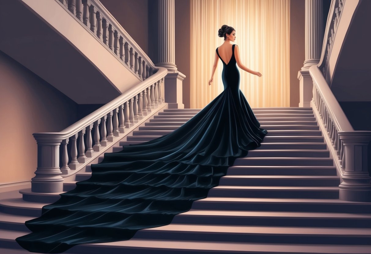 A sleek black evening gown cascading down a grand staircase, illuminated by soft, dramatic lighting