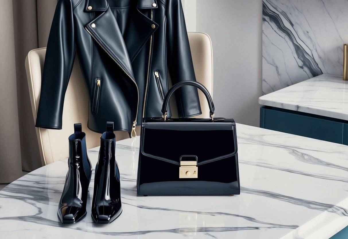 A sleek black leather jacket draped over a chair, next to a pair of patent leather ankle boots, and a structured black handbag on a marble countertop