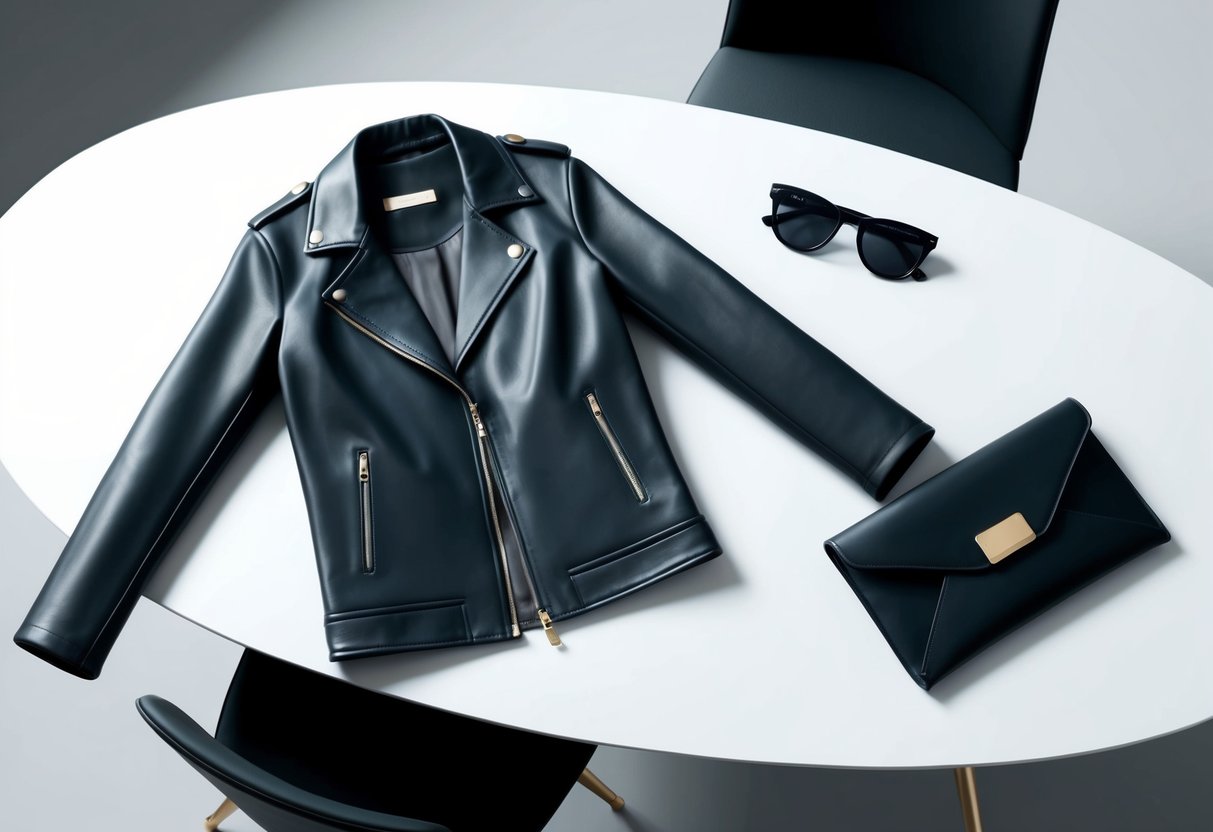 A sleek black leather jacket, a pair of classic black sunglasses, and a sophisticated black clutch laid out on a modern white table