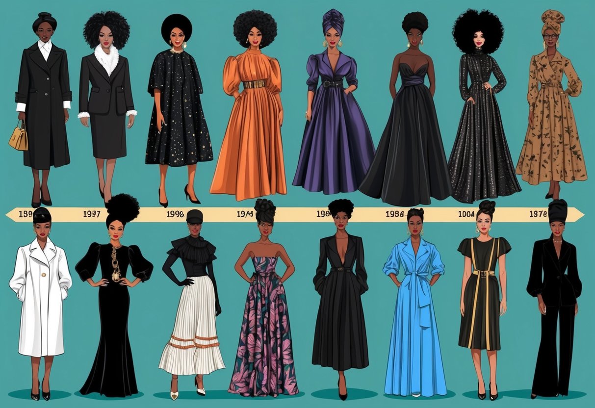 A timeline of iconic Black fashion looks from different eras, showcasing the evolution of Black aesthetics in fashion history