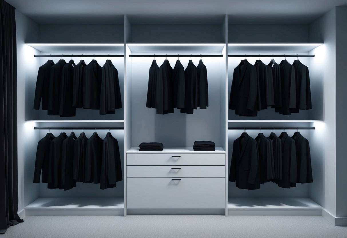 A sleek, minimalist closet filled with black garments, neatly organized on hangers and shelves. The room is bathed in soft, moody lighting, creating an elegant and mysterious atmosphere