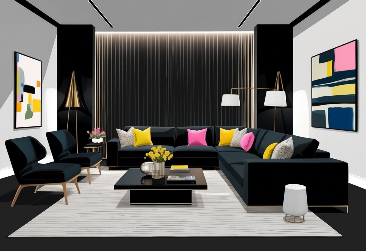 A modern living room with black walls, sleek furniture, and pops of color in the form of art and accessories. The space is well-lit with strategic lighting to create a dramatic yet inviting atmosphere