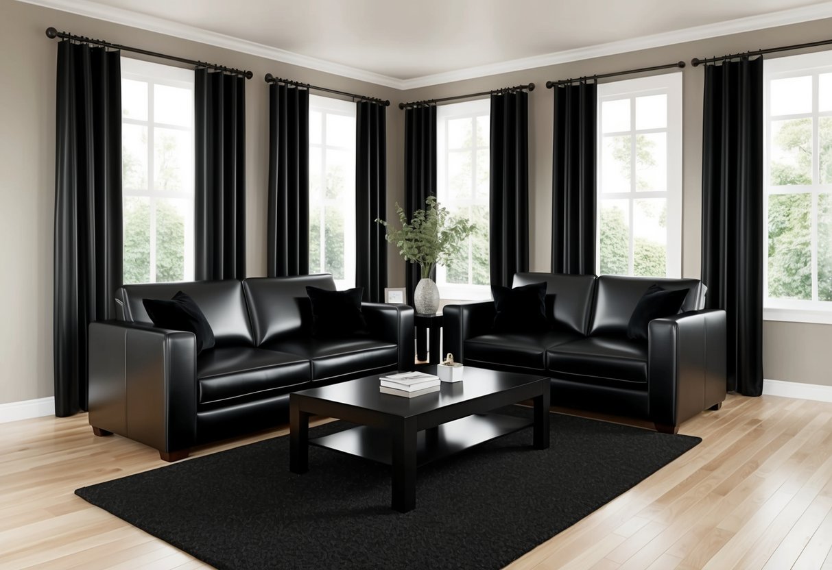 A living room with black leather sofa, black coffee table, and black curtains, accented with black throw pillows and a black rug