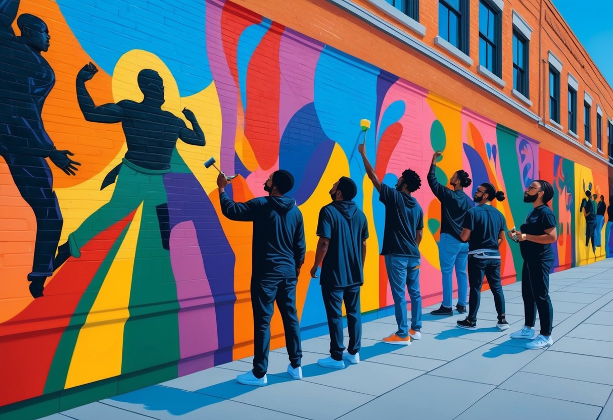 A group of black artists painting vibrant murals on city walls, expressing empowerment through bold colors and dynamic shapes