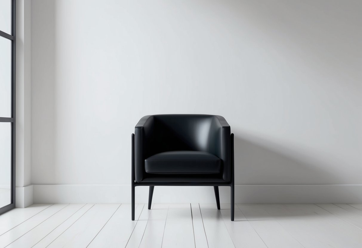 A sleek black chair against a white wall in a sparsely furnished room with clean lines and minimal decor