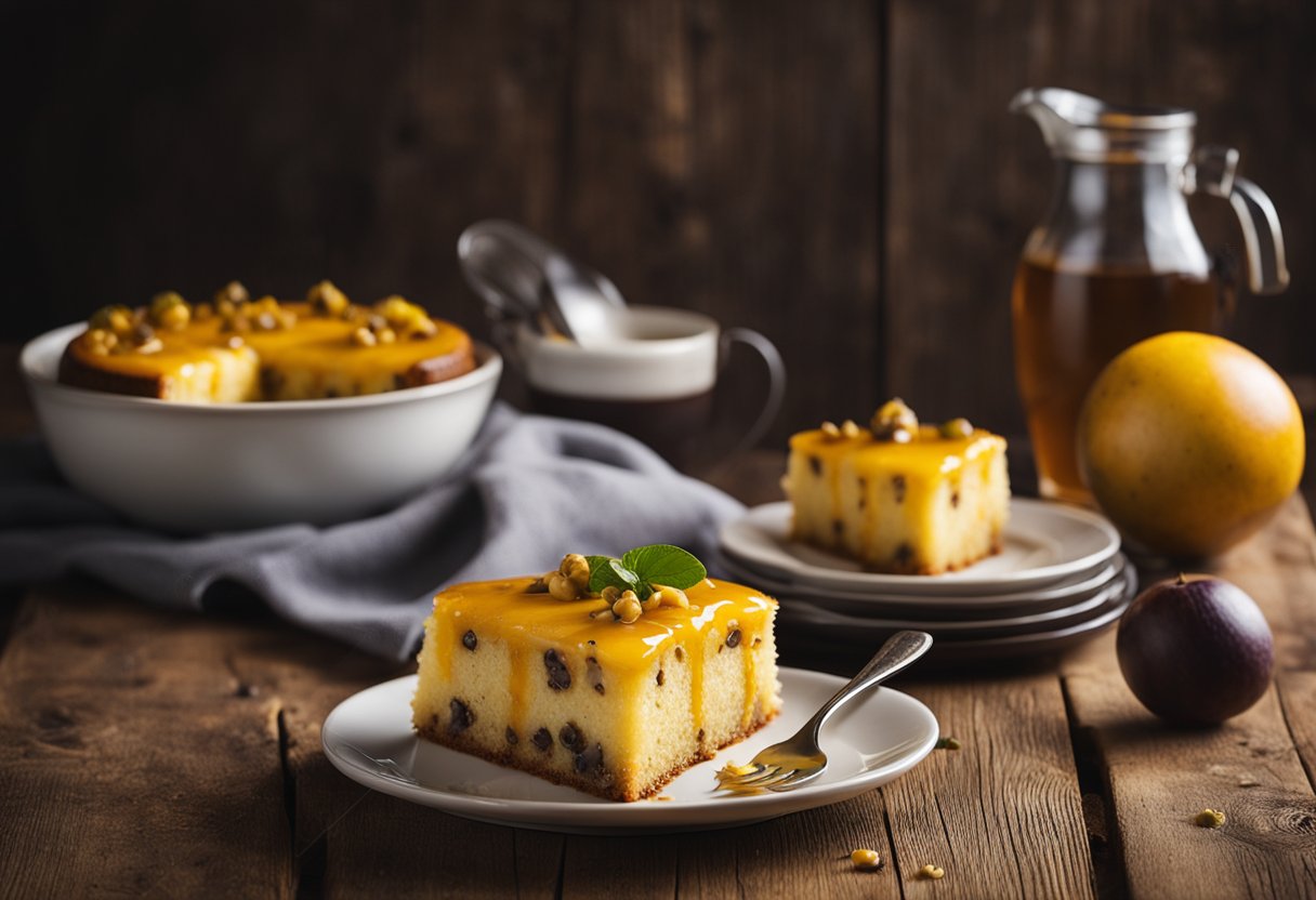 Um simples bolo de maracujá com um fio de calda em uma mesa rústica de madeira