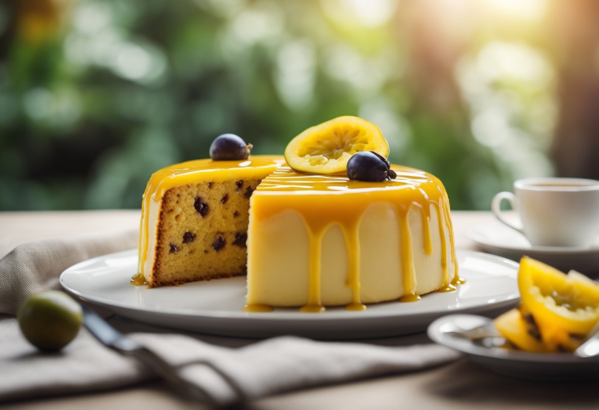 Um simples bolo de maracujá com um fio de calda de maracujá