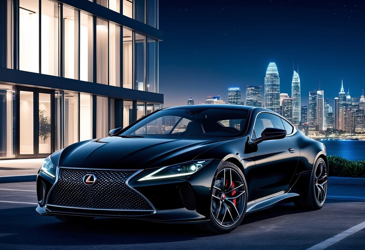 A sleek black luxury car parked in front of a modern, upscale building at night, with the city skyline in the background