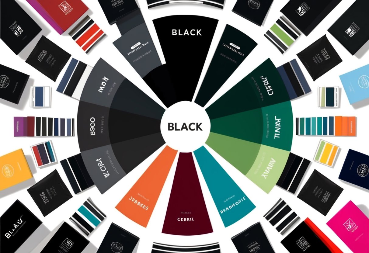 A color wheel with various shades of black, surrounded by examples of branding using black, contrasting with vibrant colors