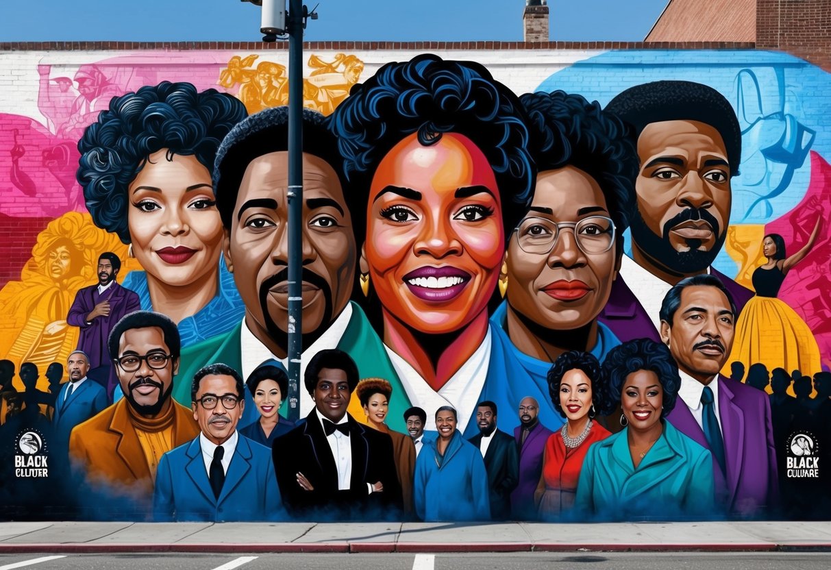 A vibrant street mural of influential Black figures in film and television, surrounded by iconic symbols of Black culture