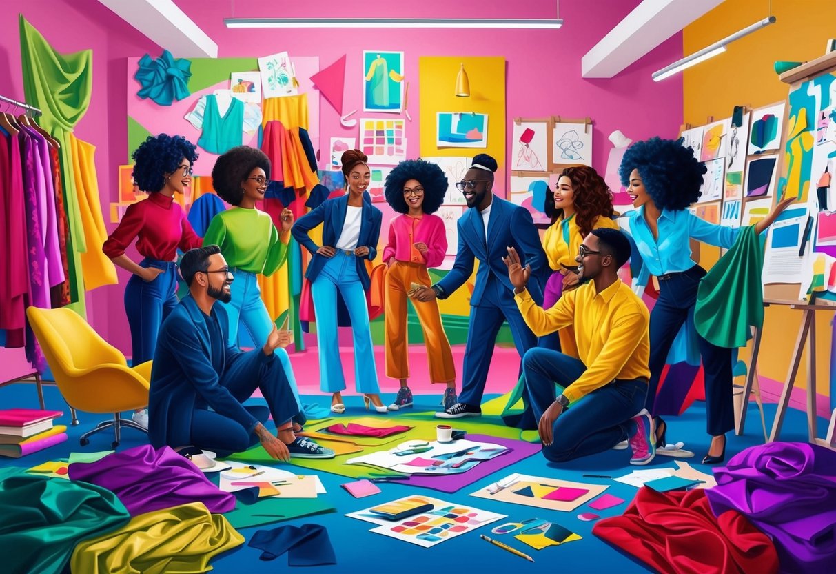 A group of black creatives gather in a vibrant studio, surrounded by colorful fabrics, sketches, and mood boards. Their energy and passion for fashion trends radiate throughout the room