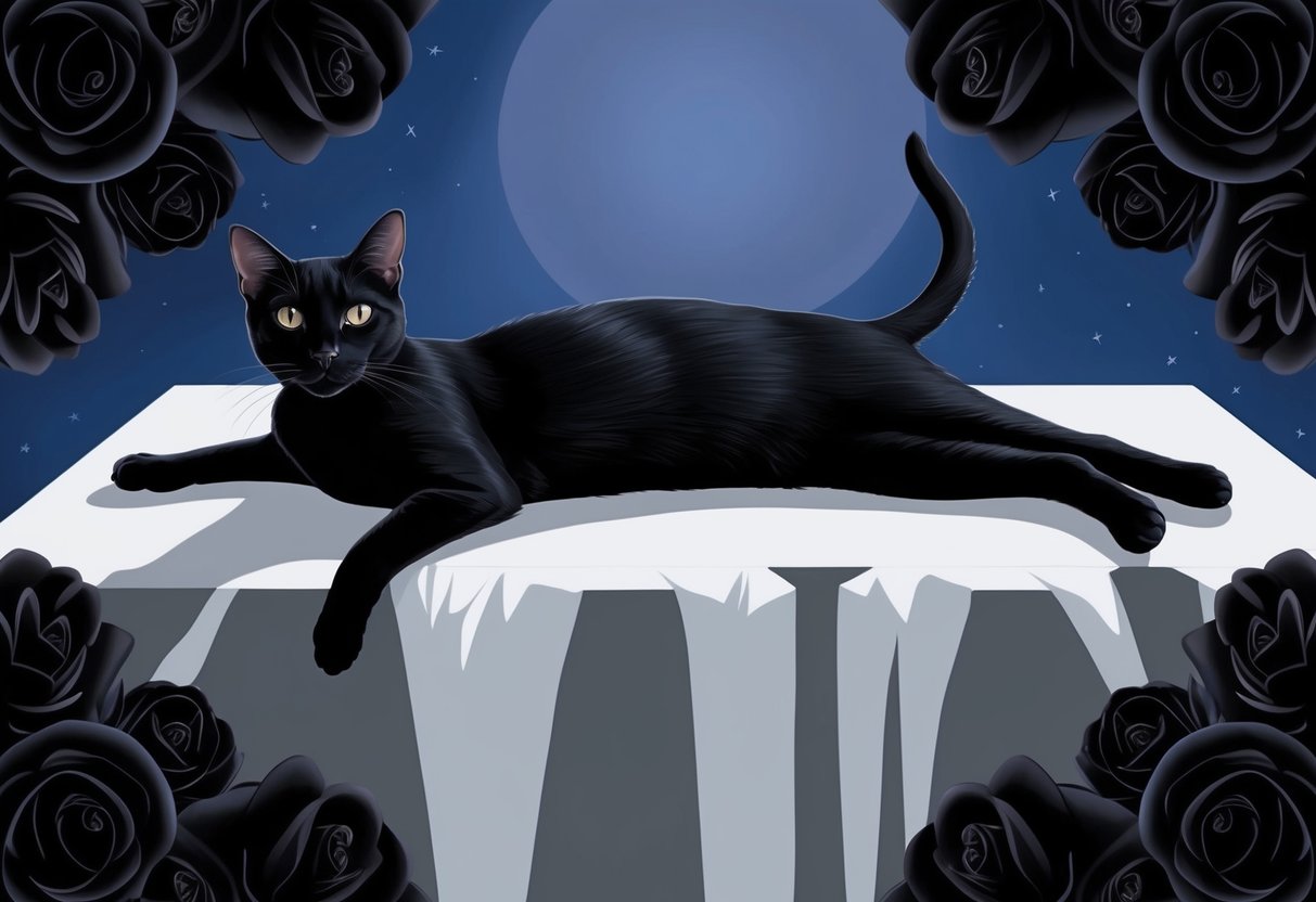 A sleek black cat lounging against a midnight backdrop, surrounded by elegant black roses and deep shadows