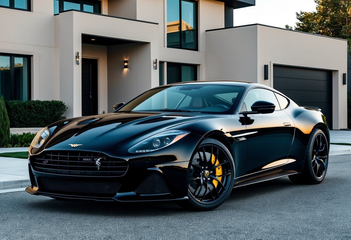 A sleek black sports car parked in front of a modern, upscale mansion with a black and gold logo prominently displayed on the hood