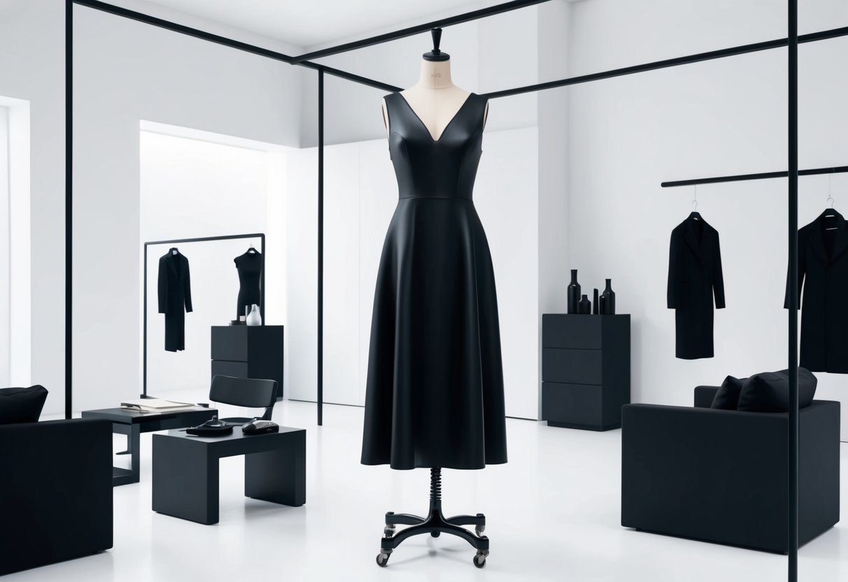 A sleek black dress hangs on a mannequin in a minimalist, monochromatic fashion studio, surrounded by black accessories and furniture