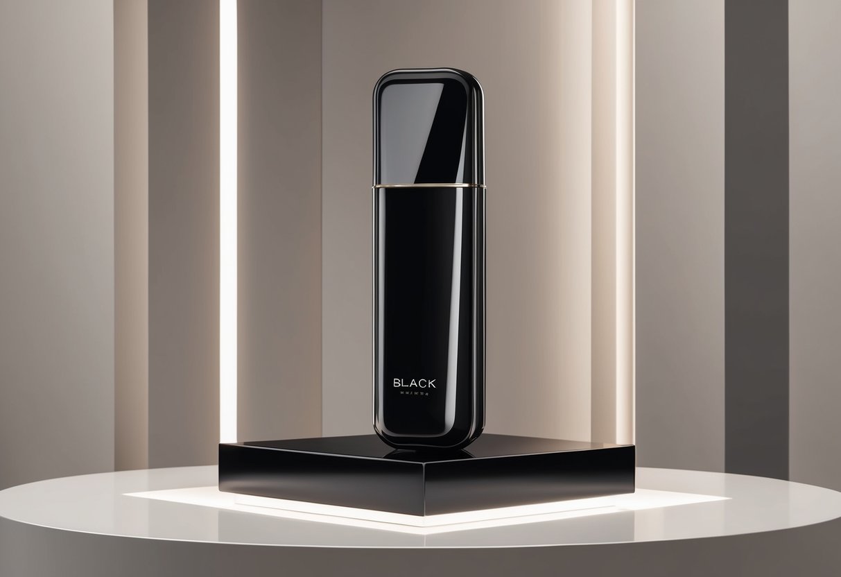 A sleek, black luxury product displayed against a minimalist, high-end backdrop with soft, indirect lighting