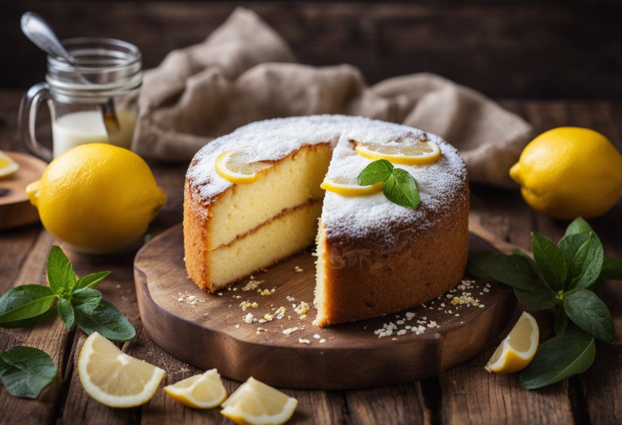 Um bolo de iogurte fresco com raspas de limão em uma mesa de madeira rústica