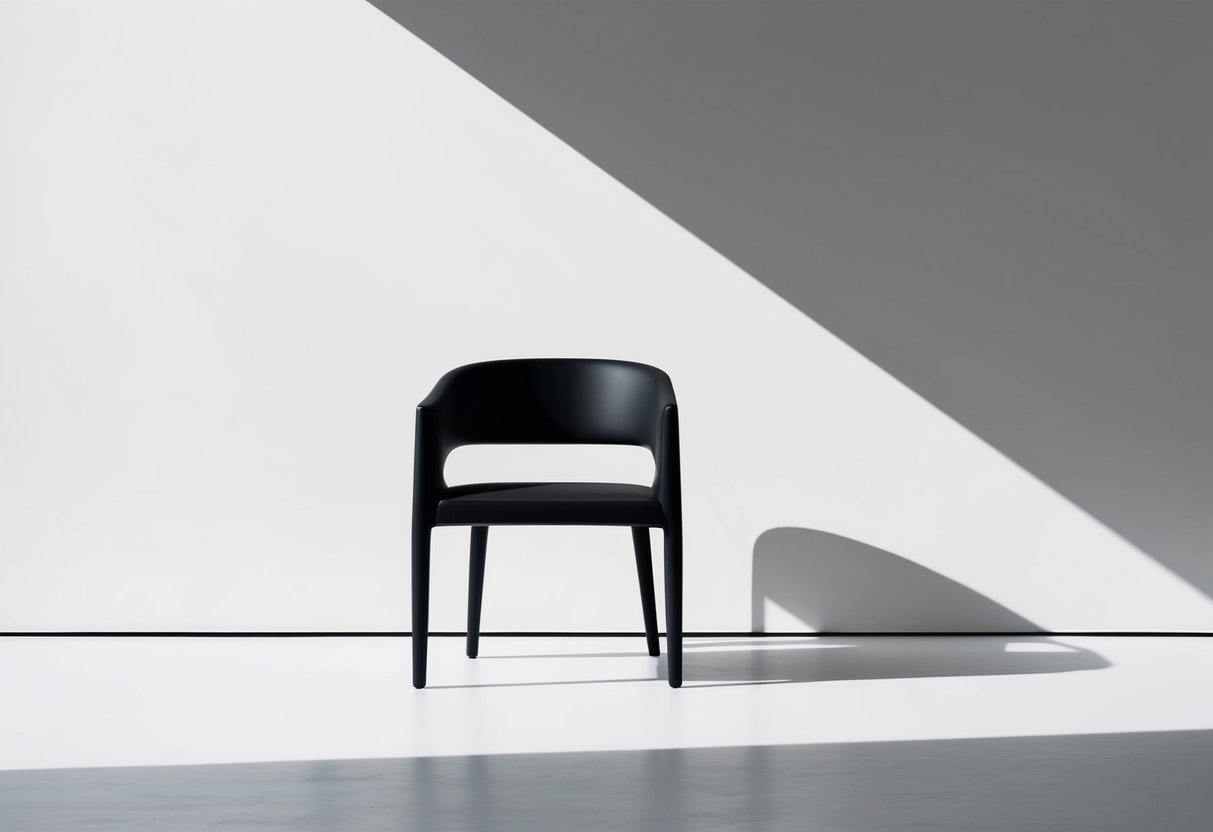 A sleek black chair against a white wall, casting a bold shadow in a minimalist room with clean lines and simple geometric shapes