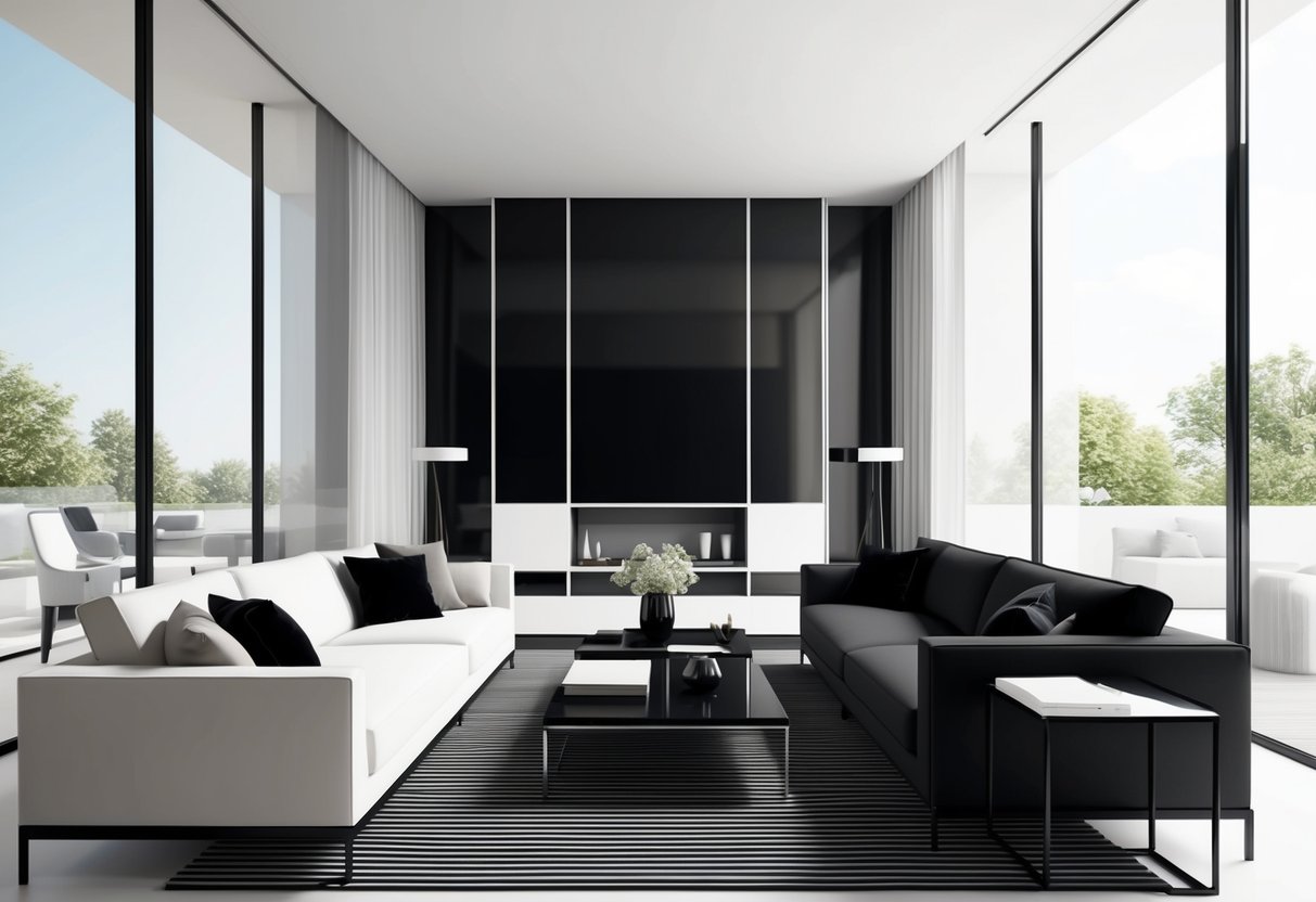 A sleek, black and white living room with clean lines, minimal furniture, and subtle accents. Large windows let in natural light, creating a sense of spaciousness and tranquility