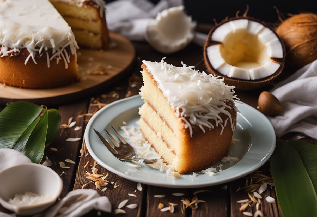 Um bolo de coco fofinho com cobertura de leite condensado está sobre uma mesa rústica de madeira, cercado por coco ralado e alguns cocos frescos.