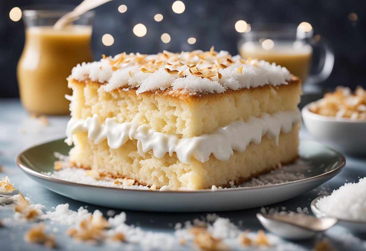 Um bolo de coco fofinho coberto com uma generosa camada de leite condensado, cercado por lascas de coco fresco e uma pitada de açúcar de confeiteiro.