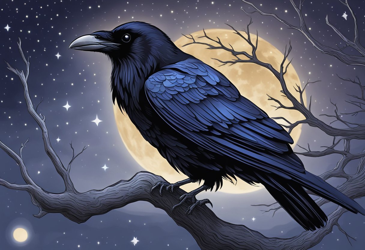 A raven perched on a bare tree branch against a starry night sky