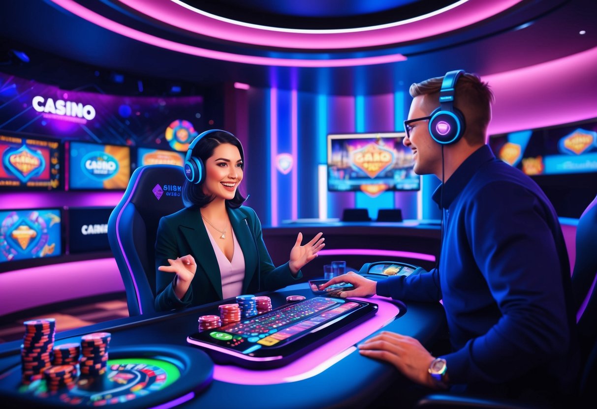 Un streamer de casino professionnel dans un studio moderne et élégant, entouré d'équipements high-tech et de décorations colorées sur le thème du casino, interagissant avec un public en ligne enthousiaste.