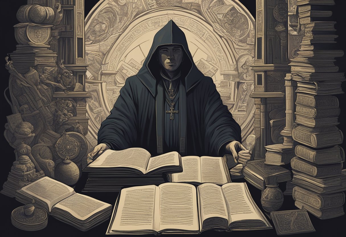 A dark, shadowy figure looms over a stack of ancient texts and scrolls, surrounded by symbols and imagery related to language and ideology