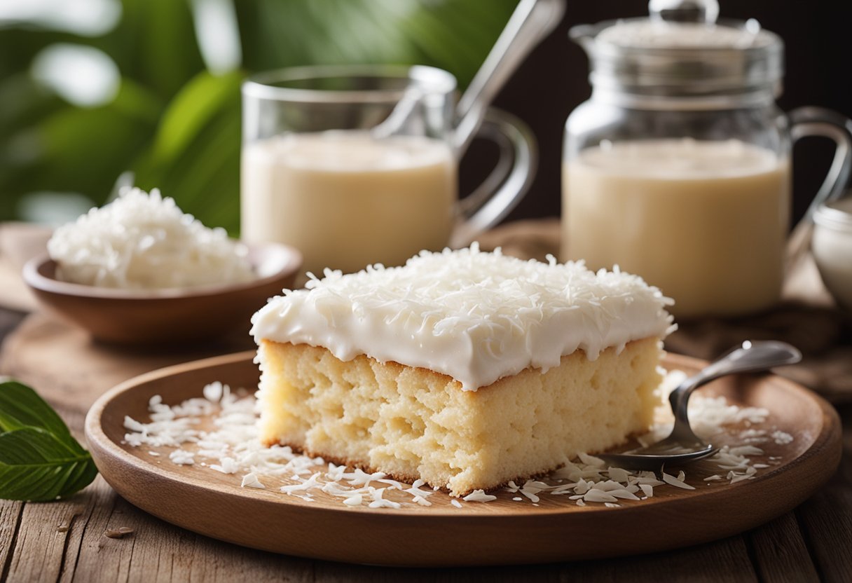 Um bolo de coco fofinho repousa sobre uma mesa de madeira rústica, coberto com uma generosa camada de cobertura de leite condensado. Flocos de coco polvilham a cobertura, adicionando um toque de textura à doce iguaria.