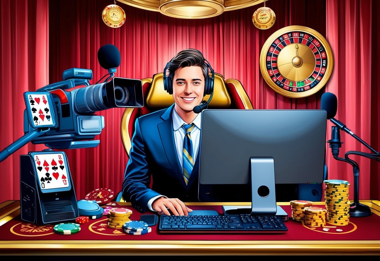 Une personne assise à un bureau avec un ordinateur, un microphone et une caméra, entourée de décorations et d'équipements sur le thème des casinos.