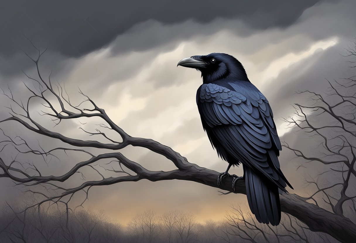 A black raven perched on a bare tree branch, against a dark, stormy sky