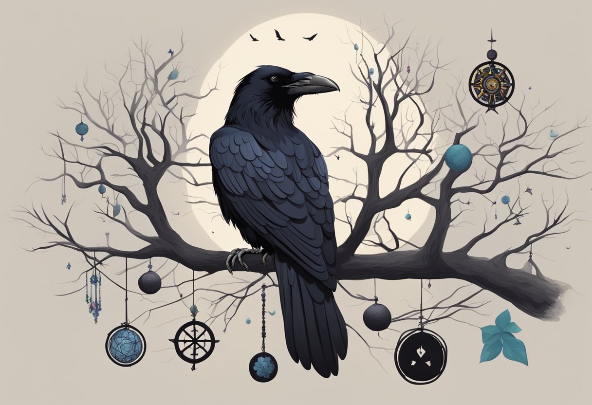 A black raven perched on a bare tree, surrounded by symbols of death and mystery from various cultures