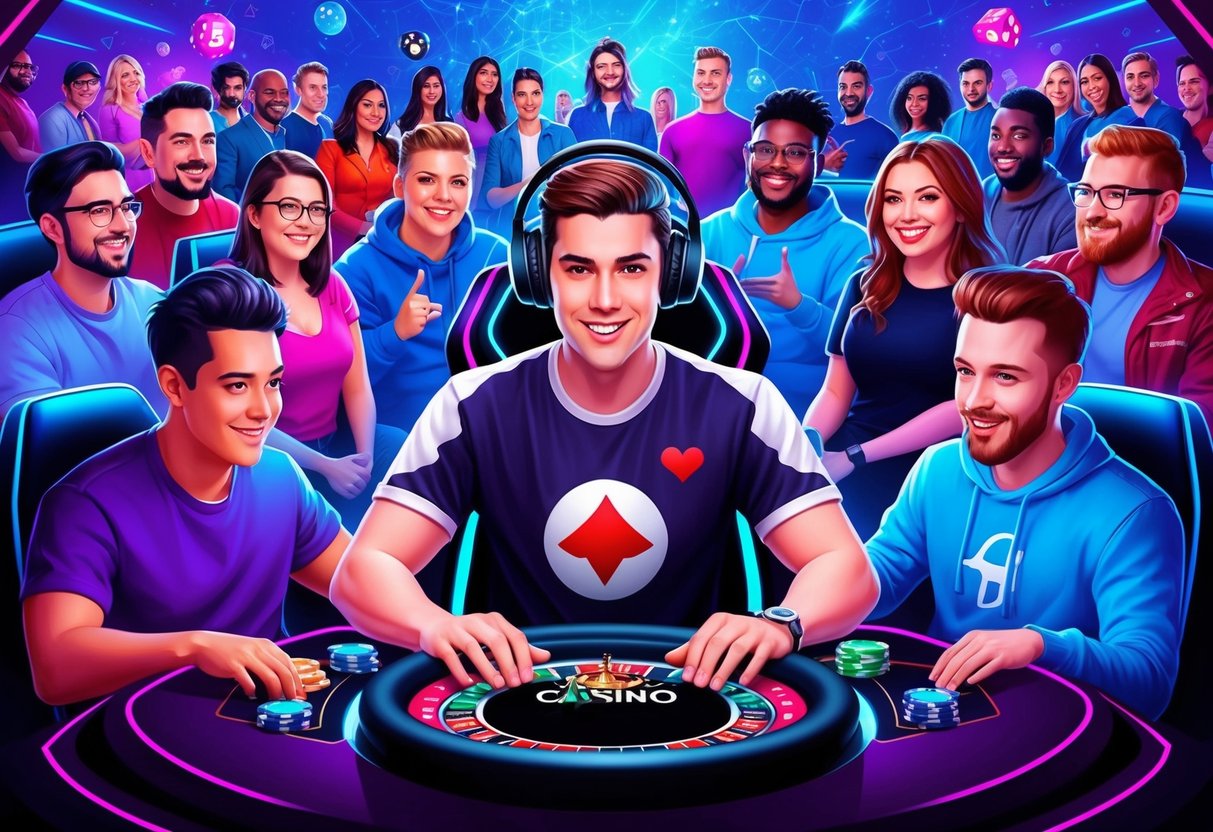 Un streamer de casino entouré d'une communauté en ligne diversifiée, interagissant avec les spectateurs et mettant en avant des compétences de jeu professionnelles.