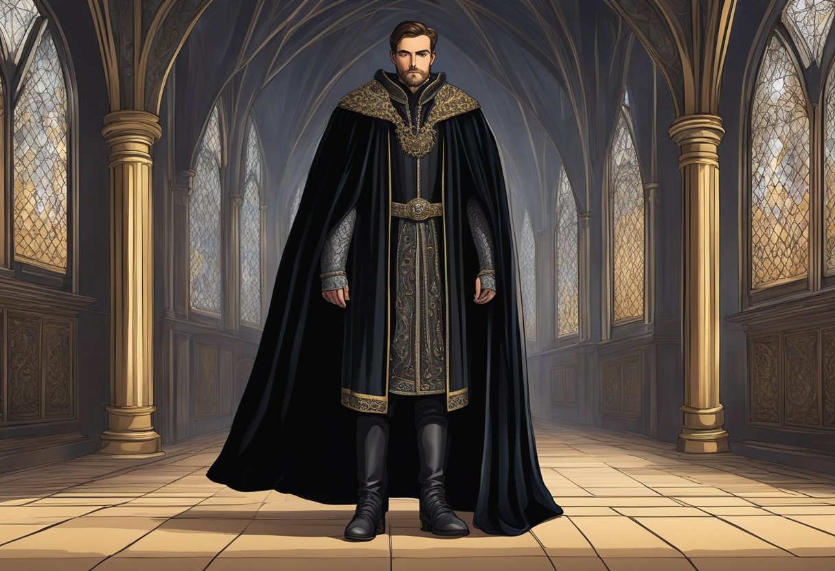 A black velvet cloak drapes over a rich brocade tunic, paired with wool trousers and leather boots in a dimly lit medieval European hall