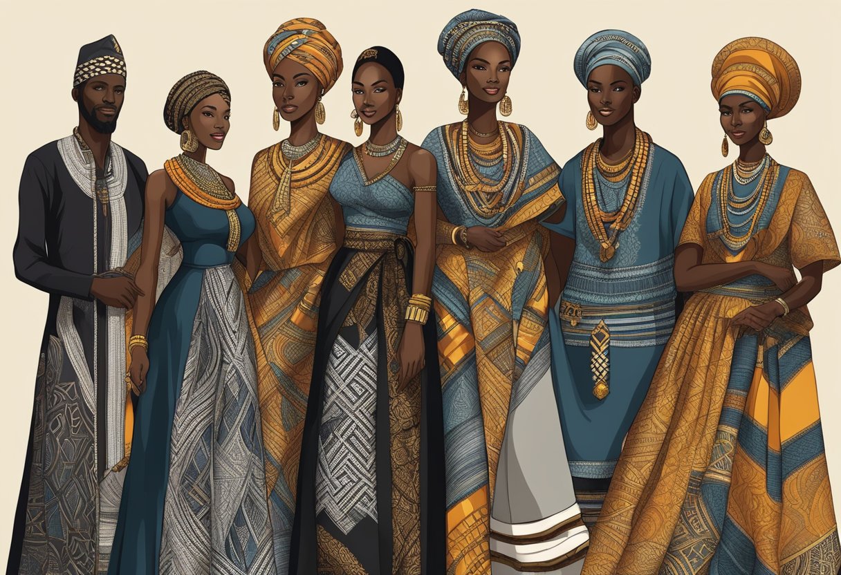 A group of African traditional attire in various shades of black, adorned with intricate patterns and symbols, representing cultural and ethnic significance