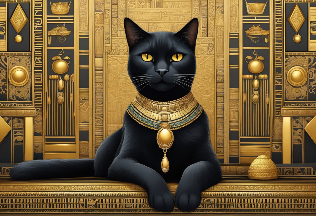 A majestic black cat adorned with intricate gold jewelry sits in front of an ornate Egyptian hieroglyphic wall, symbolizing the influence of ancient Egypt on modern perceptions of black beauty