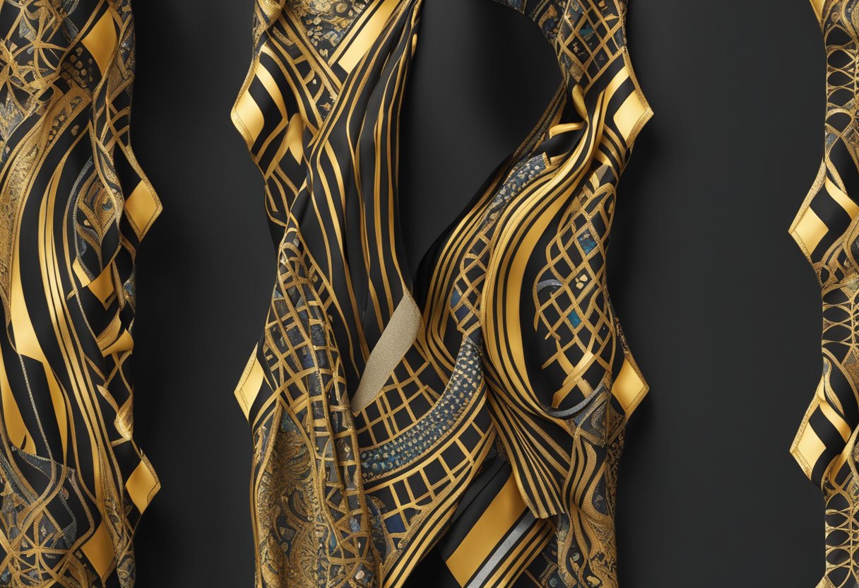 A vibrant patterned fabric in black and gold, with intricate geometric designs, draped elegantly over a mannequin