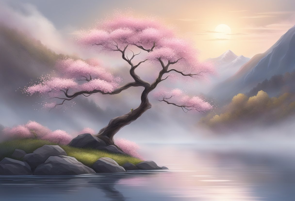 A serene landscape with a lone cherry blossom tree, its delicate branches reaching towards the sky, surrounded by flowing water and misty mountains in the background