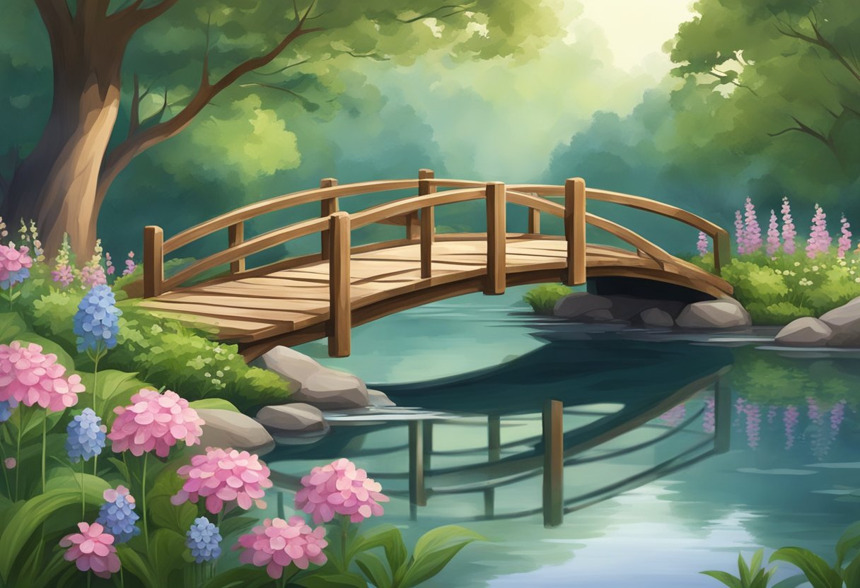 A serene landscape of a tranquil pond surrounded by lush trees and delicate flowers, with a small wooden bridge crossing over the water