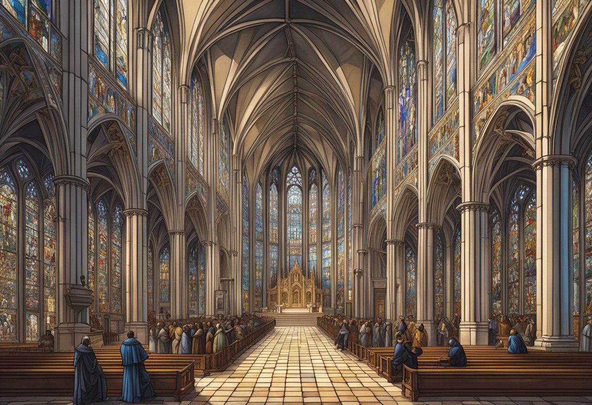 A grand cathedral with ornate stained glass windows, depicting scenes of Black figures in Renaissance attire