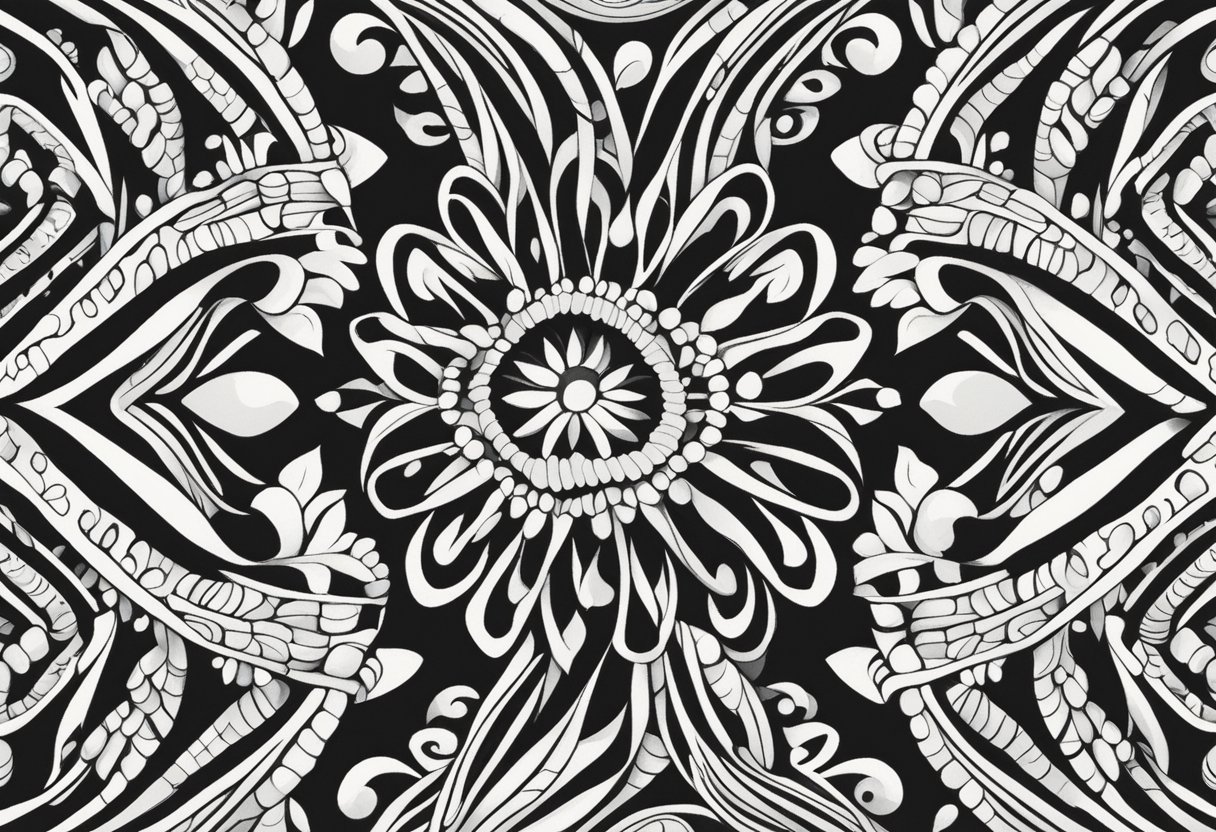 An intricate black and white patterned design inspired by traditional Indigenous art forms