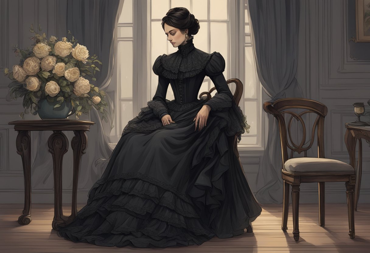 A black Victorian mourning dress draped over a chair, surrounded by wilted flowers and a somber, dimly lit room