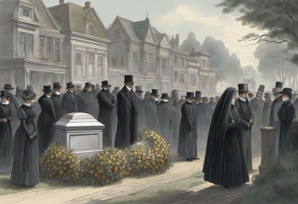 A somber funeral procession with black-clad figures carrying wreaths and veiled mourners gathered around a grand Victorian-era gravestone