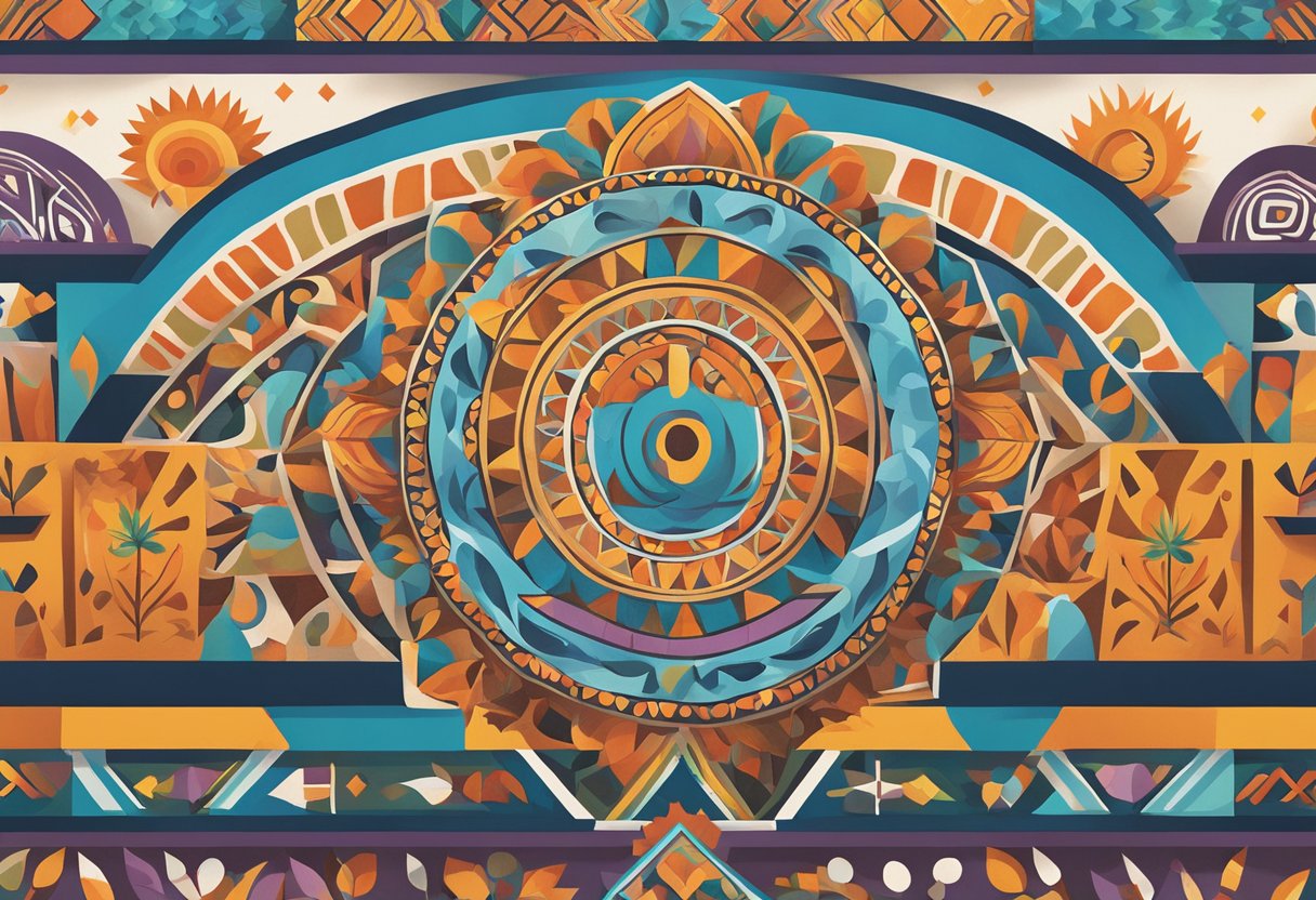 A vibrant mural of indigenous symbols and patterns adorning a community center wall