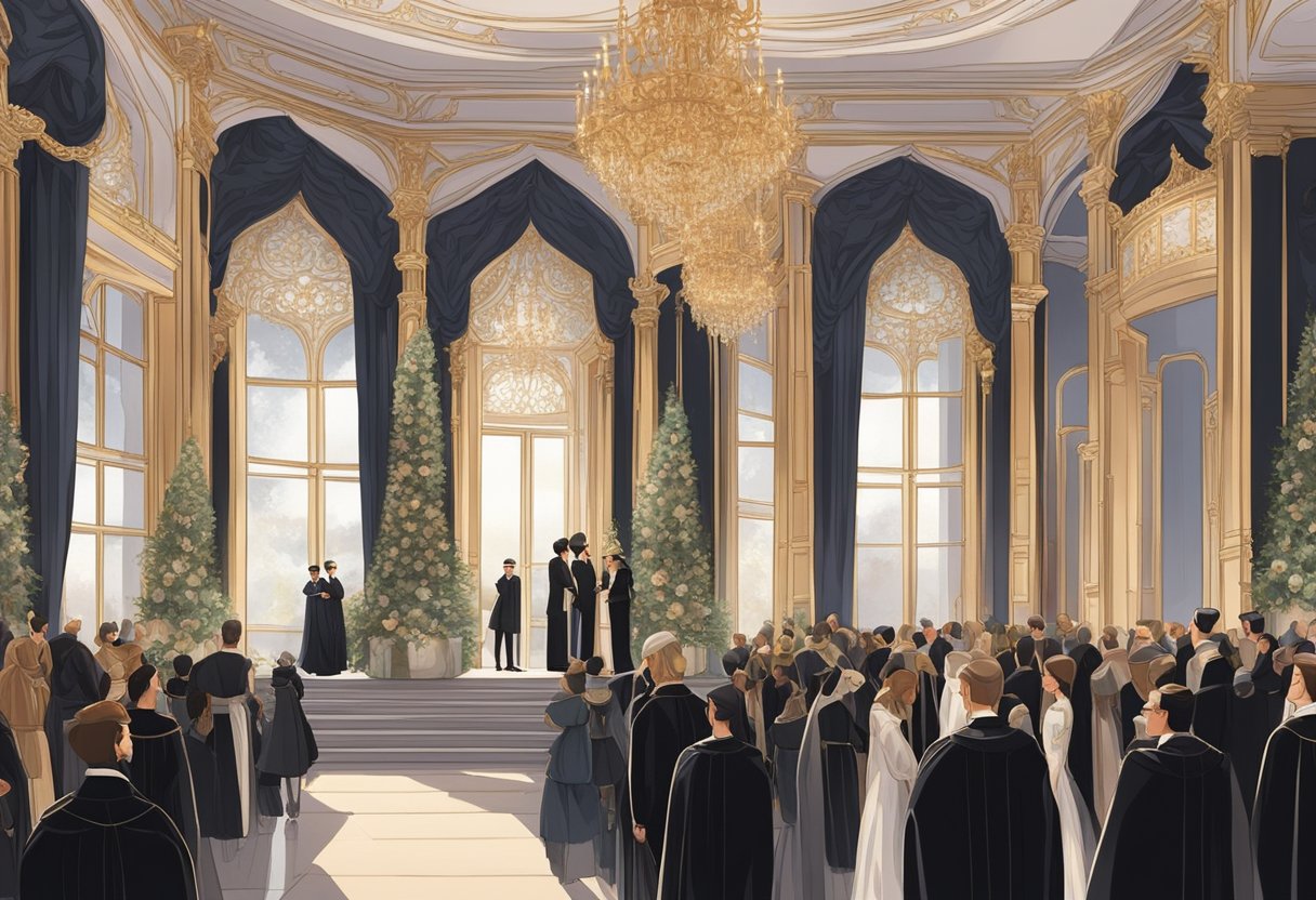 A group of people in modern black attire participate in a royal ceremony, surrounded by ornate decorations and elegant architecture