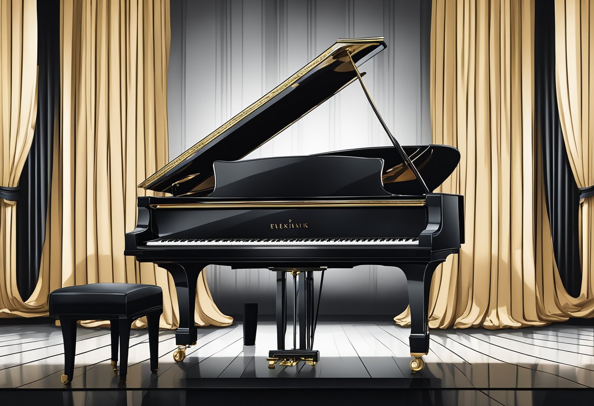 A grand piano on a dimly lit stage, adorned with black music stands and chairs, set against a backdrop of elegant black velvet curtains