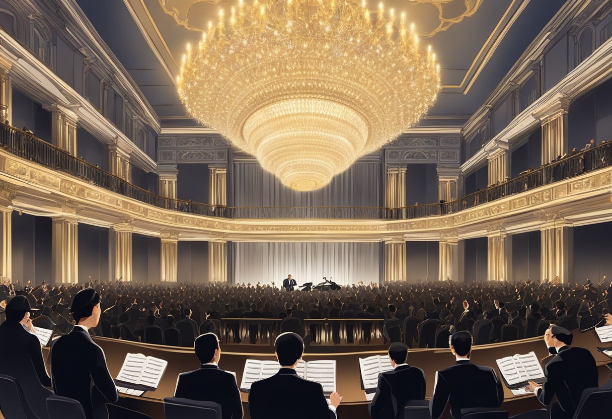 A group of musicians in formal black attire perform on stage under the glow of elegant chandeliers in a grand concert hall