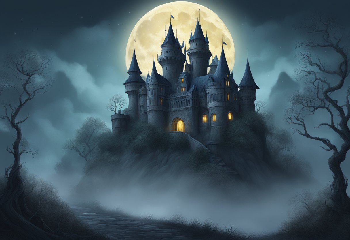 A dark, eerie castle looms in the mist, surrounded by gnarled trees and a full moon