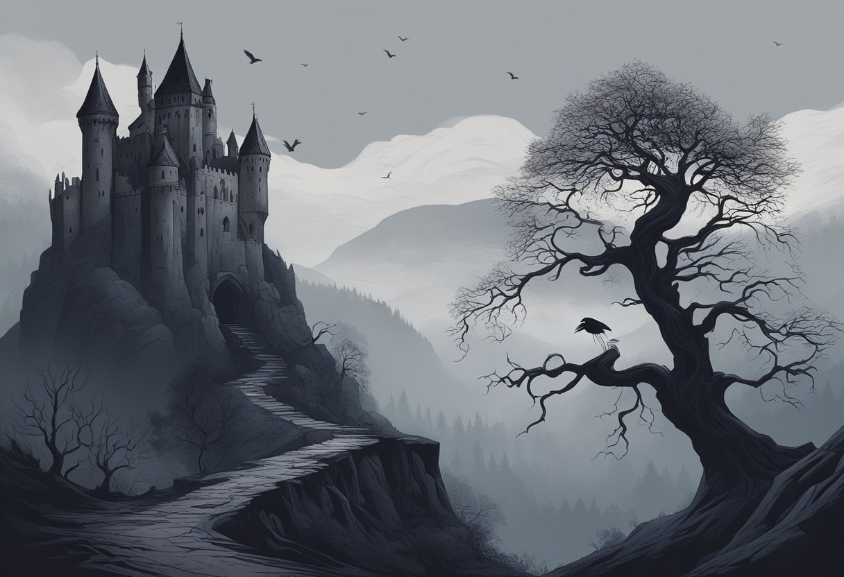 A gothic castle shrouded in darkness, with ominous black fog swirling around its spires, and a lone raven perched on a gnarled tree